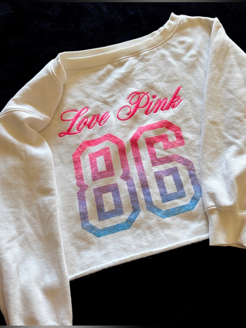 PINK Victoria's Secret White Crewneck Off Shoulder Cropped Sweatshirt